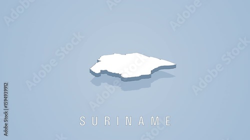 Rotating white 3d map of suriname on blue background
