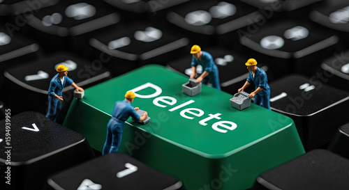 Miniature Workers Cleaning a Delete Key on a Keyboard, Conceptual Image for Data Removal, Maintenance, and IT Support, Close-up Macro Shot