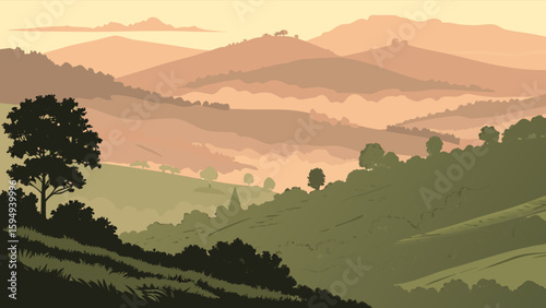 Beautiful nature landscape illustration of hazy mountain range with trees and grass vector graphic design
