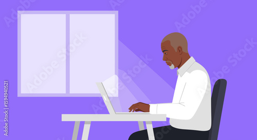 Senior man working on laptop, perfect for website banners or articles on remote work and technology.