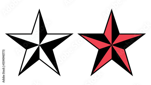 Vector art of two stylized nautical stars, one black and white, the other red and black