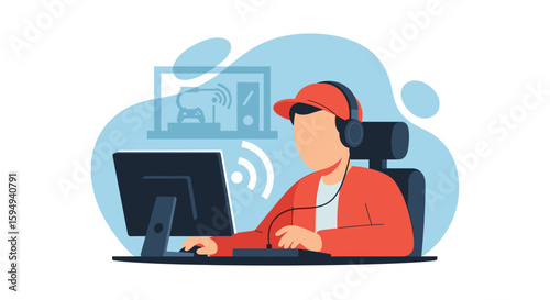 Gamer playing video games on PC. Illustration for blog, website or landing page.