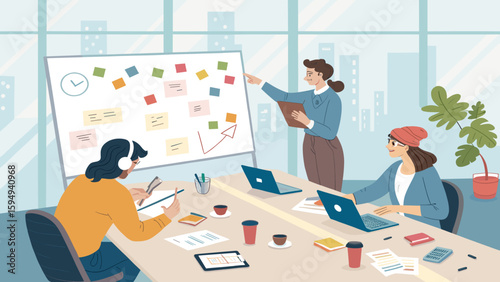 Team brainstorming session in modern office, perfect for project management or teamwork presentations.