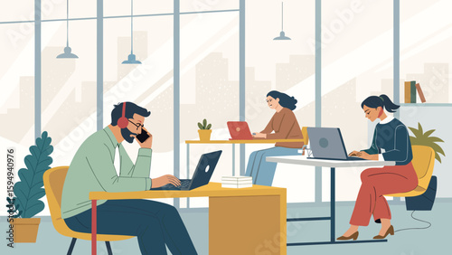 Diverse team working collaboratively in a modern office, perfect for illustrating teamwork and productivity for your website or company brochure.