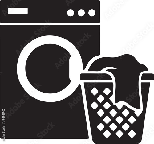 Clothes Washing and Laundry Basket Silhouette Drawing Illustration
