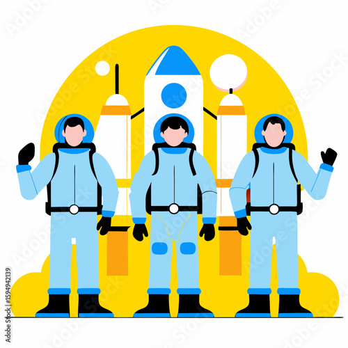 Astronauts standing in row on yellow background