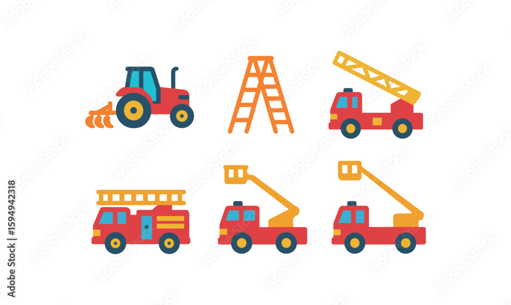 Fototapeta premium Red construction vehicles and equipment icons