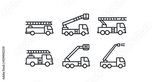Outline icons of fire trucks and aerial ladders