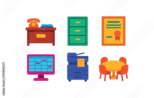 Office items illustration with desk, filing cabinet and training certificate