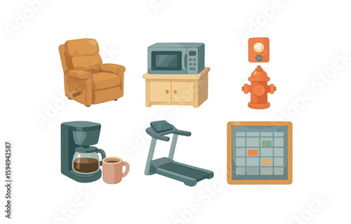 Home appliances and gym equipment icons set