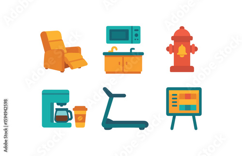Watercolor furniture and equipment icons set