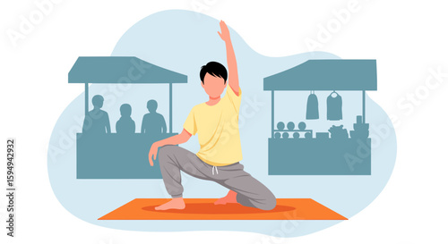 Man doing yoga at an outdoor market, perfect for wellness blogs or healthy lifestyle websites.