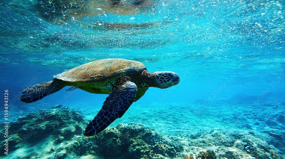 Fototapeta premium Hawaiian Green Sea Turtle Swimming in Clear Ocean with Coral Reef, Sunlight Filtering – Natural Underwater Scene for Marine Conservation & Travel