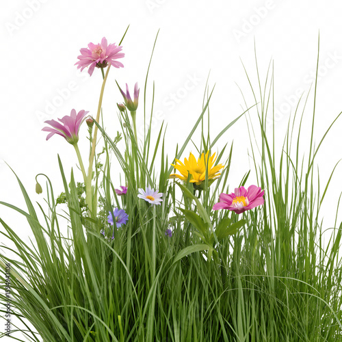 Set of grass and flowers isolated on transparent background