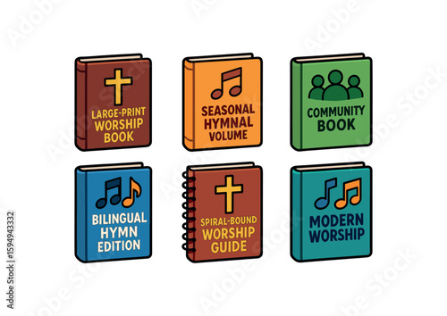 Collection of worship and hymnal books with musical symbols