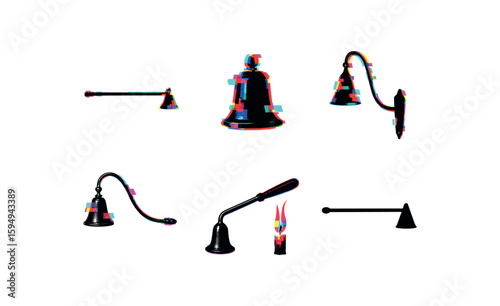 Vintage candle snuffer silhouettes in abstract glitch effect