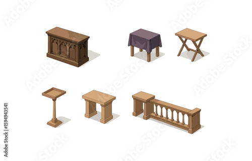 Medieval wooden furniture collection featuring altar, table, and rail