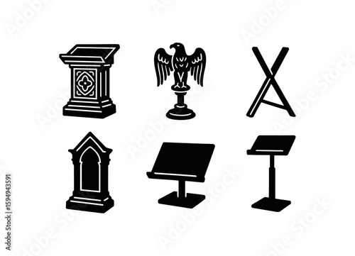 Collection of ornate baptismal fonts and church lecterns