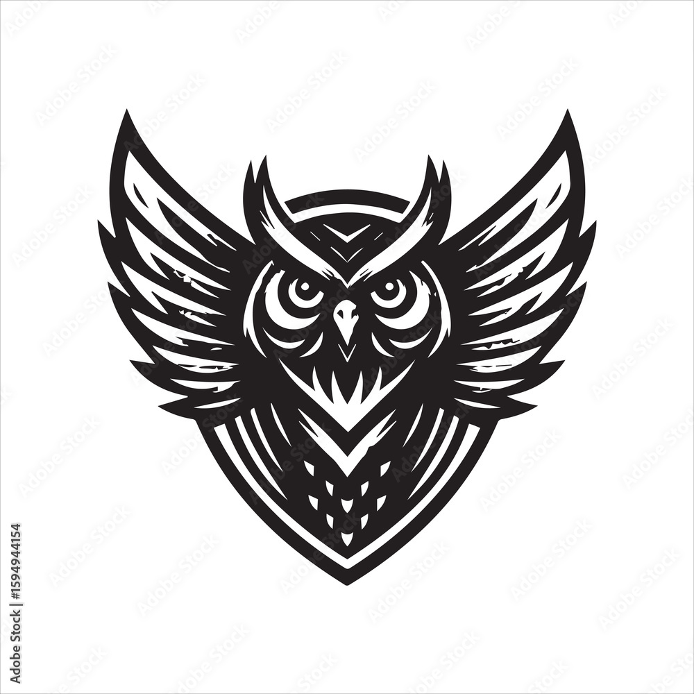 Fototapeta premium Bold black and white owl illustration with detailed wing and feather design.