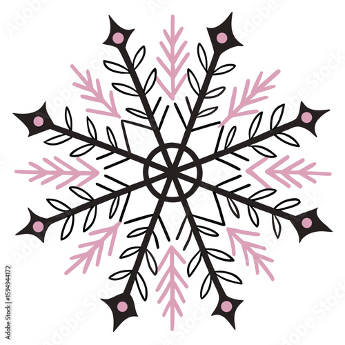 Grid pattern snowflake with sharp edges and varied shapes in pink, for modern digital art.