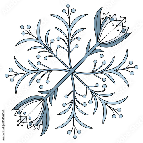 Intricate blossom snowflake in pastel blue and silver, for elegant winter designs.