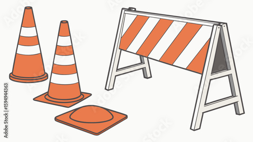 Road construction safety equipment cones and barrier for traffic control and work zone protection sign vector
