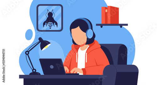 Woman working from home on laptop, wearing headphones. Ideal for blog posts about remote work, online learning, or freelancing.
