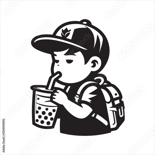 Cartoon Boy with Baseball Cap Sipping Boba Tea Wearing Backpack.
