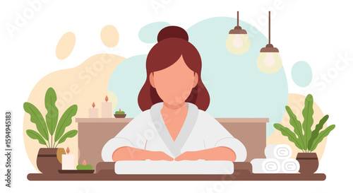 Spa Day Illustration: Woman Relaxing at a Wellness Center - Perfect for brochures, websites, and social media.