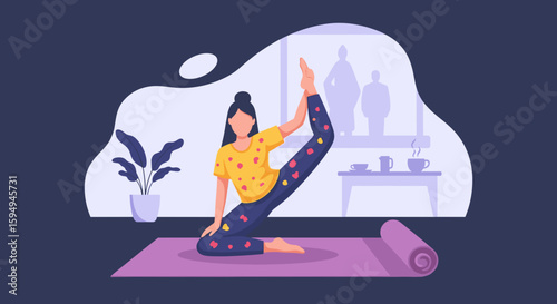 Woman practicing yoga at home, perfect for wellness blogs or fitness websites.