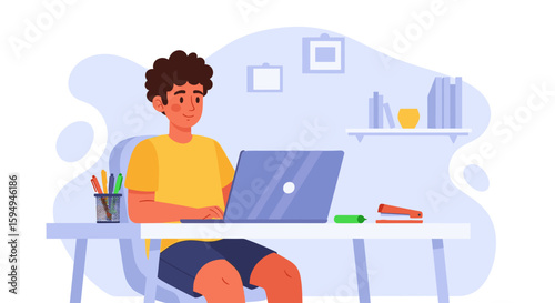 Boy using laptop, online learning, home schooling illustration for website or educational brochure.