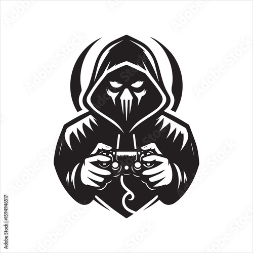 Hooded Gamer Silhouette with Skeletal Mask and Controller in Monochrome.