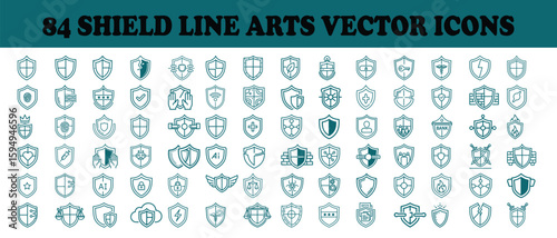 Various shield icons with security and protection symbols lock