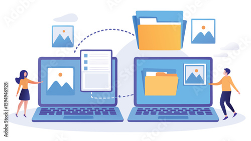 Illustration of data transfer between two laptops with people and file folders depicted in the scene