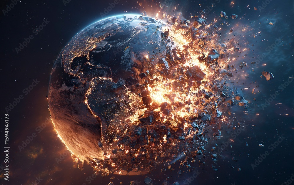 Obraz premium A photo of the planet Earth burning and shattering into pieces, with an explosion on the surface, against a dark background with stars in the sky, featuring volumetric lighting and a hyper-realistic, 