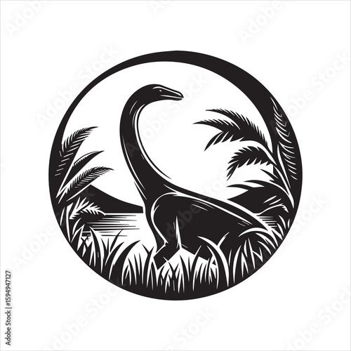 Monochrome Brontosaurus Silhouette in Prehistoric Landscape Circle.