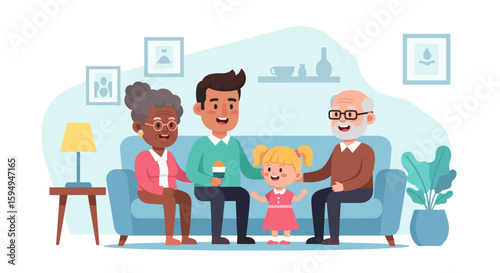 Happy multigenerational family spending time together at home, perfect for family, togetherness, and generational themes.
