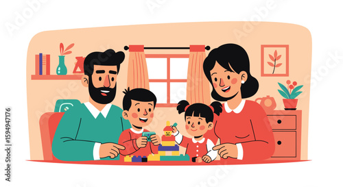 Happy family playing with building blocks together at home. Perfect for family blogs, websites, and children's publications.