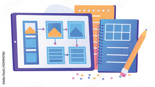 Illustration of a tablet displaying a flowchart next to a notebook and a pencil on a white background