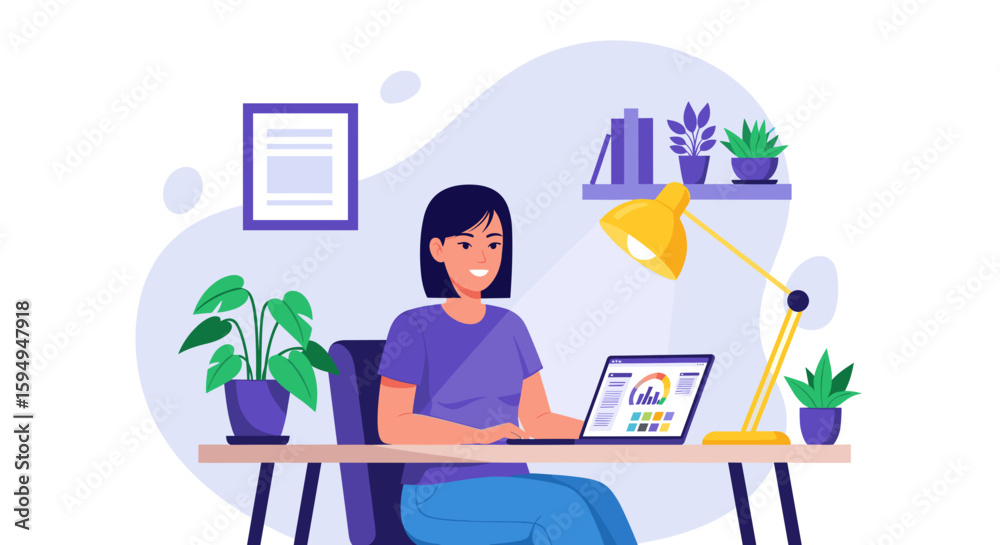 Happy woman working on laptop with charts and graphs, perfect for website banners, presentations, and marketing materials. Happy woman working on laptop with charts and graphs, perfect for website banners, presentations, and marketing materials.