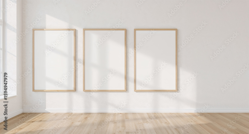 Fototapeta premium Three empty picture frames adorn a white wall in a sunlit room with hardwood floors, creating a minimalist and contemporary interior scene