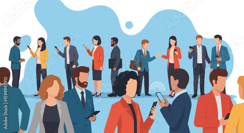 Diverse group of business professionals networking and using smartphones, ideal for corporate websites and presentations.