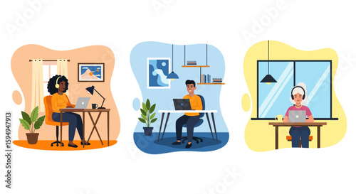 Diverse people working remotely from home on laptops. Perfect for blog posts about remote work, work from home, or diversity in the workplace.