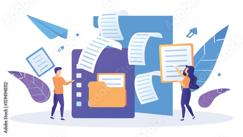 People managing documents and files with folder and paper plane in a modern design illustration style