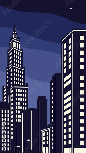 Minimal Vector Night Cityscape with Tall Buildings