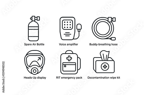 Essential firefighter equipment icons: air bottle, voice amplifier, buddy hose, display, emergency pack, wipe kit