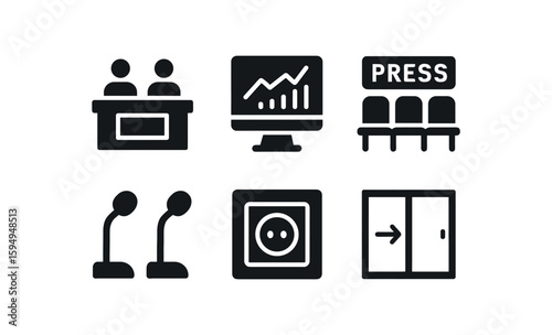 Black and white icons: conference, analytics, press, microphones, electrical outlet, sliding door