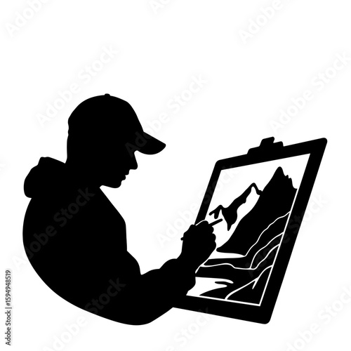 Silhouette of traveler sketching mountain scene – Artistic travel inspiration
