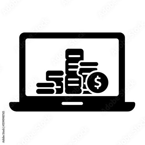 Laptop with stacked coins and income icon – Revenue growth, online economy