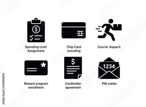 Financial services icons - spending limit, chip card, courier, reward program, cardholder agreement, pin mailer